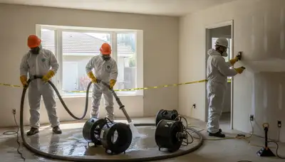 Water damage restoration team in Modesto, CA inspecting and drying a damaged property