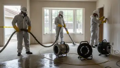 Water damage restoration team in Modesto, CA inspecting a flooded home for cleanup and repair